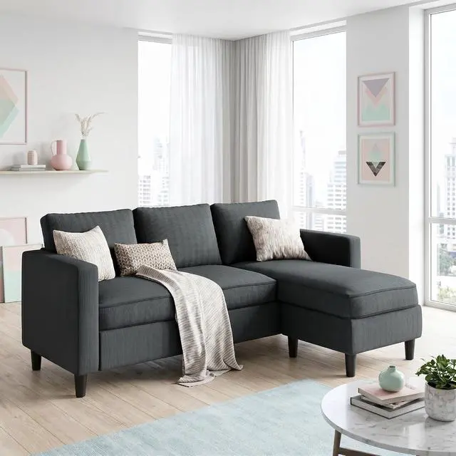 Alt view image 7 of 7 - L-Shaped Sectional Couch, Modern Grey Reversible Sectional Sofa with Reversible Ottoman, 3-Seat Compact Couches for Living Room Apartment, Studio & Office, Easy Assembly, Grey