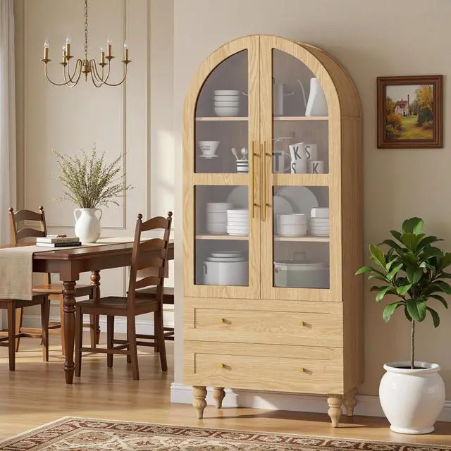 Alt view image 6 of 7 - 71" Tall Arched Kitchen Pantry Storage Cabinet with Glass Doors, 2 Large Drawers, 6-Tier Tall Rustic Wood Cupboard Locker for Kitchen, Dining Room, Living Room, Bathroom,Natural