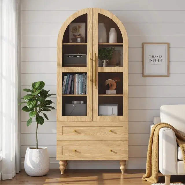 Alt view image 5 of 7 - 71" Tall Arched Kitchen Pantry Storage Cabinet with Glass Doors, 2 Large Drawers, 6-Tier Tall Rustic Wood Cupboard Locker for Kitchen, Dining Room, Living Room, Bathroom,Natural