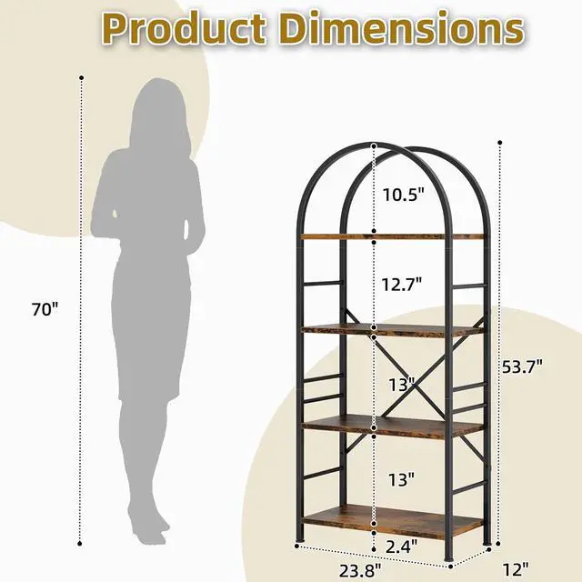 Alt view image 2 of 7 - Industrial Arched Bookshelf, 4 Tier Open Bookcase | Sturdy Wood and Metal Display Standing Shelf for Home Office, Living Room, Bedroom, Rustic Brown