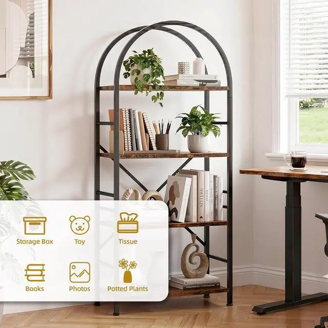 Alt view image 4 of 7 - Industrial Arched Bookshelf, 4 Tier Open Bookcase | Sturdy Wood and Metal Display Standing Shelf for Home Office, Living Room, Bedroom, Rustic Brown
