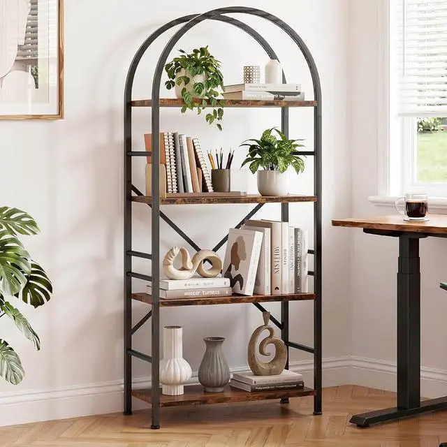 Alt view image 3 of 7 - Industrial Arched Bookshelf, 4 Tier Open Bookcase | Sturdy Wood and Metal Display Standing Shelf for Home Office, Living Room, Bedroom, Rustic Brown