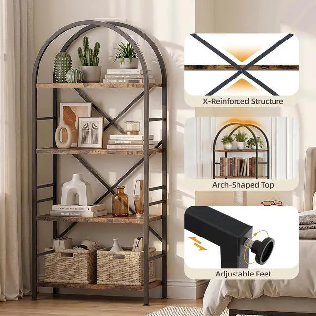 Alt view image 6 of 7 - Industrial Arched Bookshelf, 4 Tier Open Bookcase | Sturdy Wood and Metal Display Standing Shelf for Home Office, Living Room, Bedroom, Rustic Brown