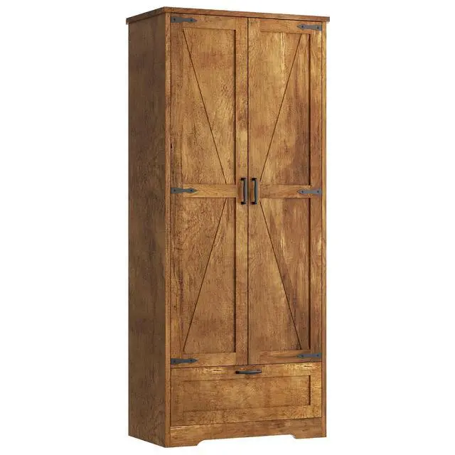 Alt view image 4 of 7 - Kitchen Pantry Storage Cabinet with Barn Doors, Drawer and Adjustable Shelves, 4-Tier Tall Rustic Wood Cupboard Locker for Kitchen, Living Room, Bathroom, Dining Room, Rustic Brown