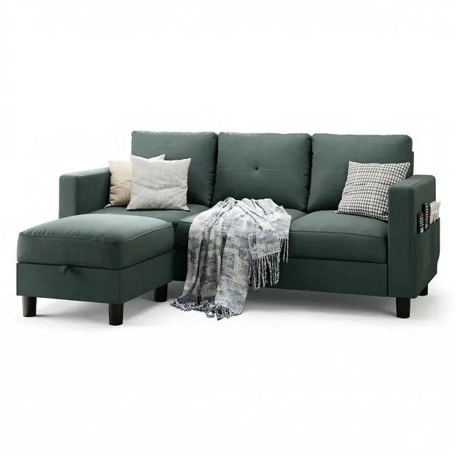 Main image of Convertible L-Shaped Sectional Couches for Living Room, Space-Saving 3-Seat Couch for Small Apartments & Living Rooms, Linen Fabric, Dark Grey