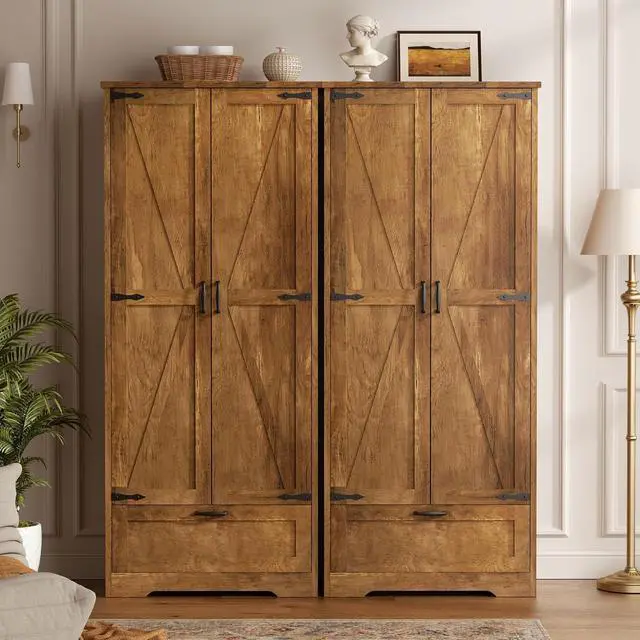 Alt view image 6 of 7 - Kitchen Pantry Storage Cabinet with Barn Doors, Drawer and Adjustable Shelves, 4-Tier Tall Rustic Wood Cupboard Locker for Kitchen, Living Room, Bathroom, Dining Room, Rustic Brown