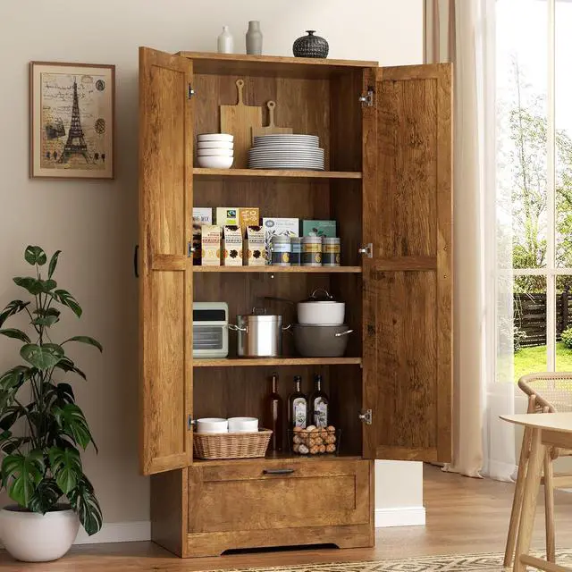 Alt view image 3 of 7 - Kitchen Pantry Storage Cabinet with Barn Doors, Drawer and Adjustable Shelves, 4-Tier Tall Rustic Wood Cupboard Locker for Kitchen, Living Room, Bathroom, Dining Room, Rustic Brown