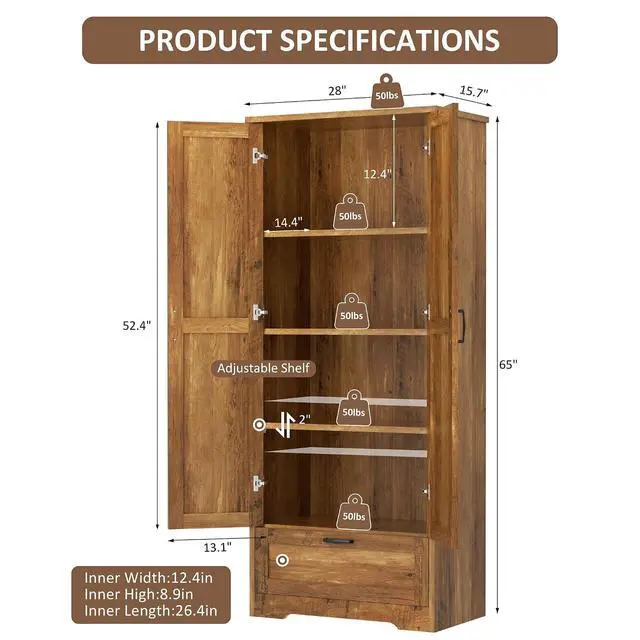 Alt view image 2 of 7 - Kitchen Pantry Storage Cabinet with Barn Doors, Drawer and Adjustable Shelves, 4-Tier Tall Rustic Wood Cupboard Locker for Kitchen, Living Room, Bathroom, Dining Room, Rustic Brown
