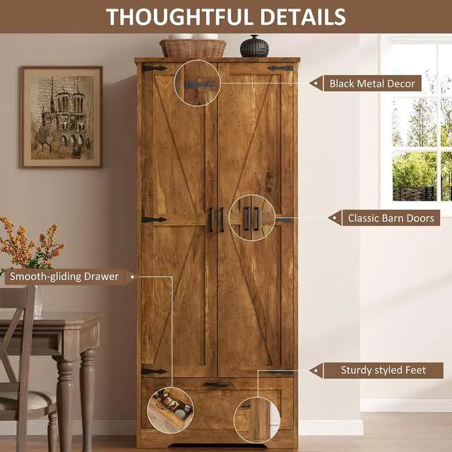 Alt view image 5 of 7 - Kitchen Pantry Storage Cabinet with Barn Doors, Drawer and Adjustable Shelves, 4-Tier Tall Rustic Wood Cupboard Locker for Kitchen, Living Room, Bathroom, Dining Room, Rustic Brown