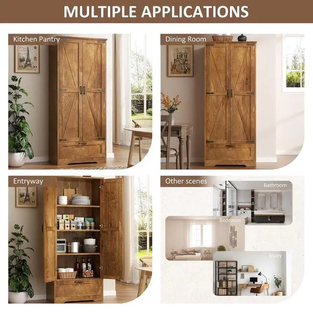 Alt view image 7 of 7 - Kitchen Pantry Storage Cabinet with Barn Doors, Drawer and Adjustable Shelves, 4-Tier Tall Rustic Wood Cupboard Locker for Kitchen, Living Room, Bathroom, Dining Room, Rustic Brown