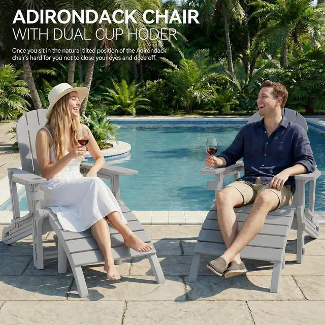 Alt view image 4 of 7 - Adirondack Chairs Set of 2 with Removable Tabletop and Footrest, HDPE Plastic Outdoor Chair Set with Wooden Textured, Cup Holder for Patio, Poolside, Garden, Light Grey, 5 Pieces