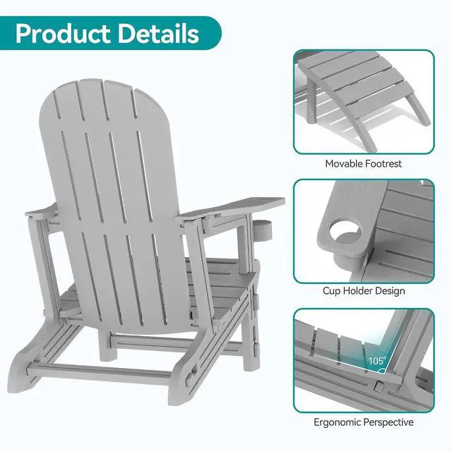 Alt view image 7 of 7 - Adirondack Chairs Set of 2 with Removable Tabletop and Footrest, HDPE Plastic Outdoor Chair Set with Wooden Textured, Cup Holder for Patio, Poolside, Garden, Light Grey, 5 Pieces