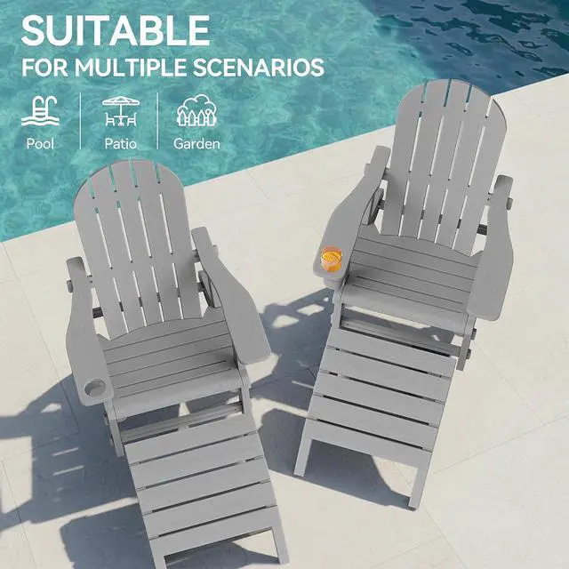 Alt view image 5 of 7 - Adirondack Chairs Set of 2 with Removable Tabletop and Footrest, HDPE Plastic Outdoor Chair Set with Wooden Textured, Cup Holder for Patio, Poolside, Garden, Light Grey, 5 Pieces