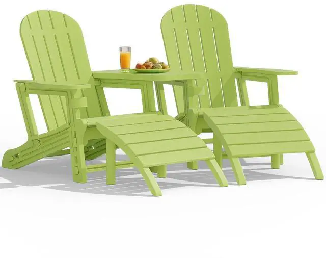 Main image of Adirondack Chairs Set of 2 with Removable Tabletop and Footrest, HDPE Plastic Outdoor Chair Set with Wooden Textured, Cup Holder for Patio, Poolside, Garden, Green, 5 Pieces