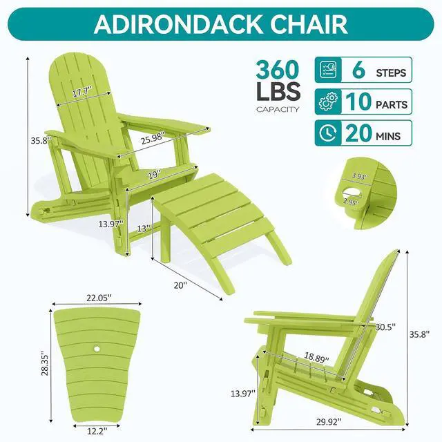Alt view image 3 of 7 - Adirondack Chairs Set of 2 with Removable Tabletop and Footrest, HDPE Plastic Outdoor Chair Set with Wooden Textured, Cup Holder for Patio, Poolside, Garden, Green, 5 Pieces