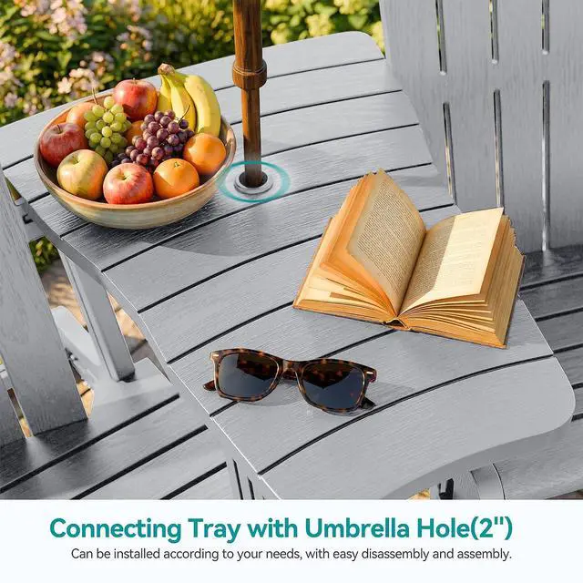 Alt view image 6 of 7 - Adirondack Chairs Set of 2 with Removable Tabletop and Footrest, HDPE Plastic Outdoor Chair Set with Wooden Textured, Cup Holder for Patio, Poolside, Garden, Light Grey, 5 Pieces