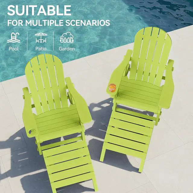 Alt view image 4 of 7 - Adirondack Chairs Set of 2 with Removable Tabletop and Footrest, HDPE Plastic Outdoor Chair Set with Wooden Textured, Cup Holder for Patio, Poolside, Garden, Green, 5 Pieces
