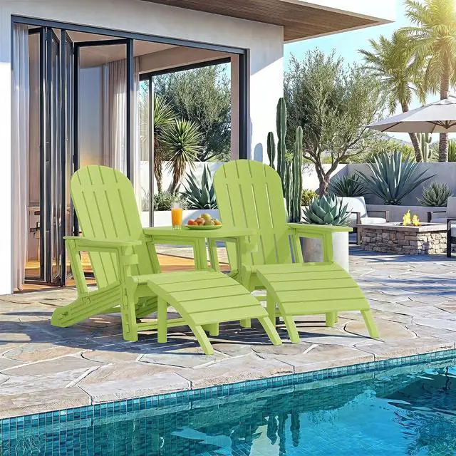 Alt view image 2 of 7 - Adirondack Chairs Set of 2 with Removable Tabletop and Footrest, HDPE Plastic Outdoor Chair Set with Wooden Textured, Cup Holder for Patio, Poolside, Garden, Green, 5 Pieces