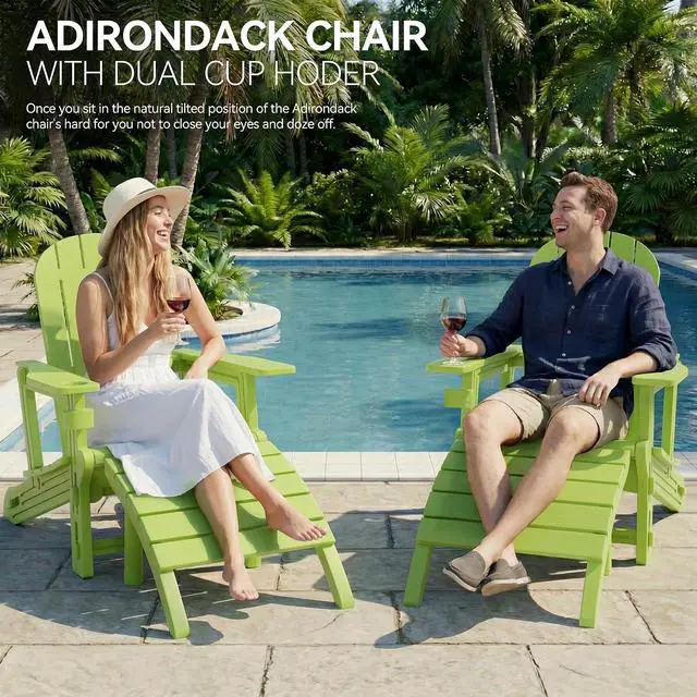 Alt view image 5 of 7 - Adirondack Chairs Set of 2 with Removable Tabletop and Footrest, HDPE Plastic Outdoor Chair Set with Wooden Textured, Cup Holder for Patio, Poolside, Garden, Green, 5 Pieces