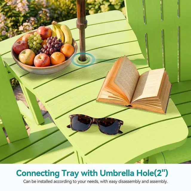 Alt view image 6 of 7 - Adirondack Chairs Set of 2 with Removable Tabletop and Footrest, HDPE Plastic Outdoor Chair Set with Wooden Textured, Cup Holder for Patio, Poolside, Garden, Green, 5 Pieces