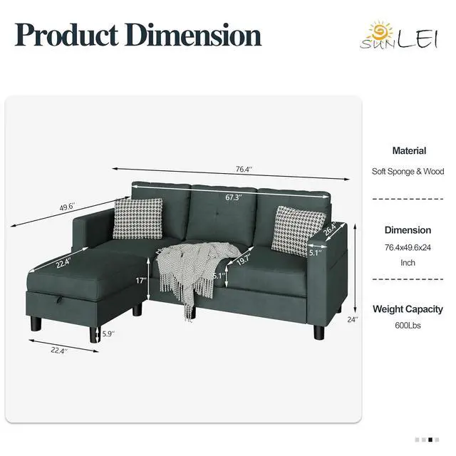 Alt view image 3 of 7 - Convertible L-Shaped Sectional Couches for Living Room, Space-Saving 3-Seat Couch for Small Apartments & Living Rooms, Linen Fabric, Dark Grey