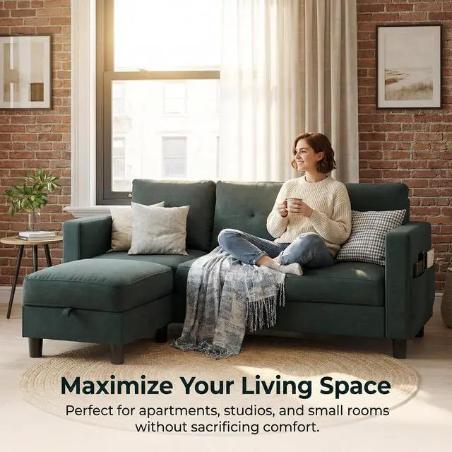 Alt view image 4 of 7 - Convertible L-Shaped Sectional Couches for Living Room, Space-Saving 3-Seat Couch for Small Apartments & Living Rooms, Linen Fabric, Dark Grey