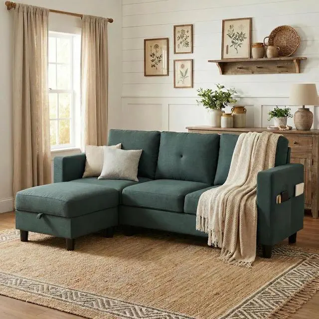 Alt view image 2 of 7 - Convertible L-Shaped Sectional Couches for Living Room, Space-Saving 3-Seat Couch for Small Apartments & Living Rooms, Linen Fabric, Dark Grey