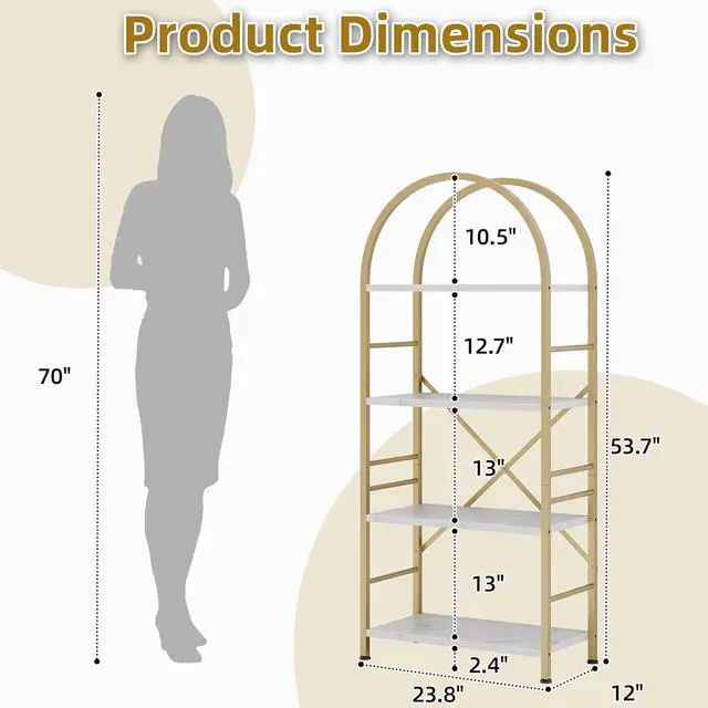 Alt view image 2 of 7 - Industrial Arched Bookshelf, 4 Tier Open Bookcase | Sturdy Wood and Metal Display Standing Shelf for Home Office, Living Room, Bedroom, White Gold