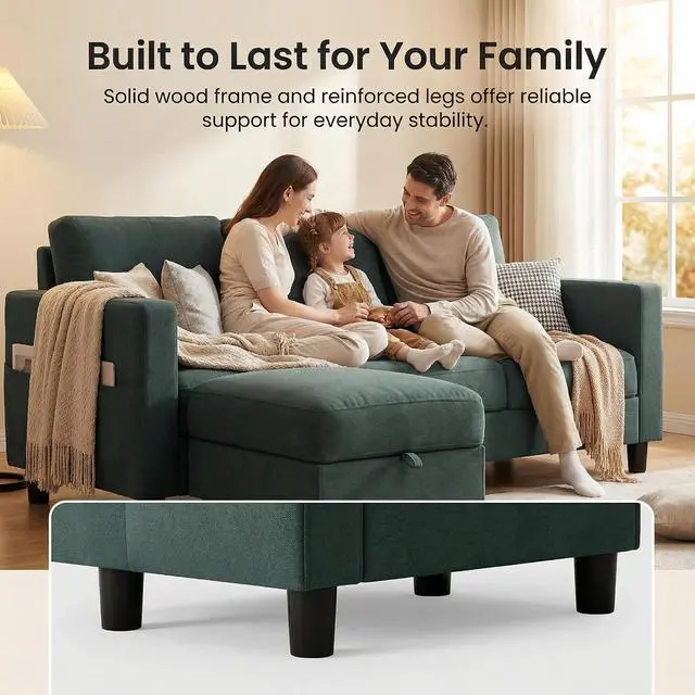 Alt view image 7 of 7 - Convertible L-Shaped Sectional Couches for Living Room, Space-Saving 3-Seat Couch for Small Apartments & Living Rooms, Linen Fabric, Dark Grey