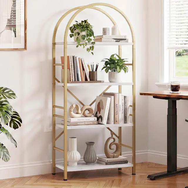 Alt view image 3 of 7 - Industrial Arched Bookshelf, 4 Tier Open Bookcase | Sturdy Wood and Metal Display Standing Shelf for Home Office, Living Room, Bedroom, White Gold