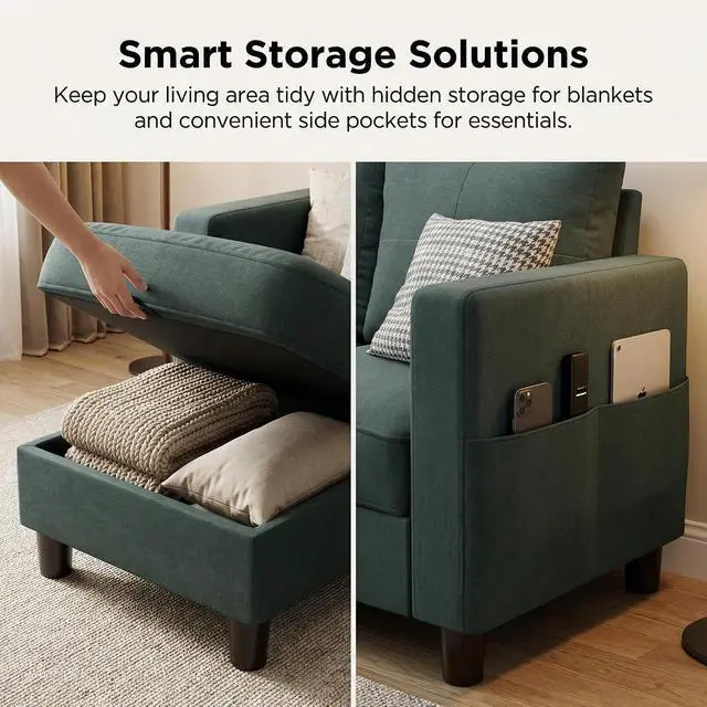 Alt view image 6 of 7 - Convertible L-Shaped Sectional Couches for Living Room, Space-Saving 3-Seat Couch for Small Apartments & Living Rooms, Linen Fabric, Dark Grey