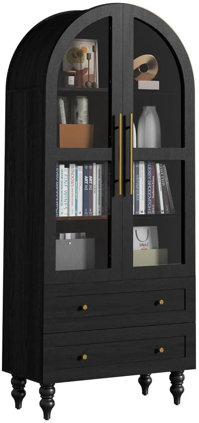 Main image of 71" Tall Arched Kitchen Pantry Storage Cabinet with Glass Doors, 2 Large Drawers, 6-Tier Tall Rustic Wood Cupboard Locker for Kitchen, Dining Room, Living Room, Bathroom, (Black)