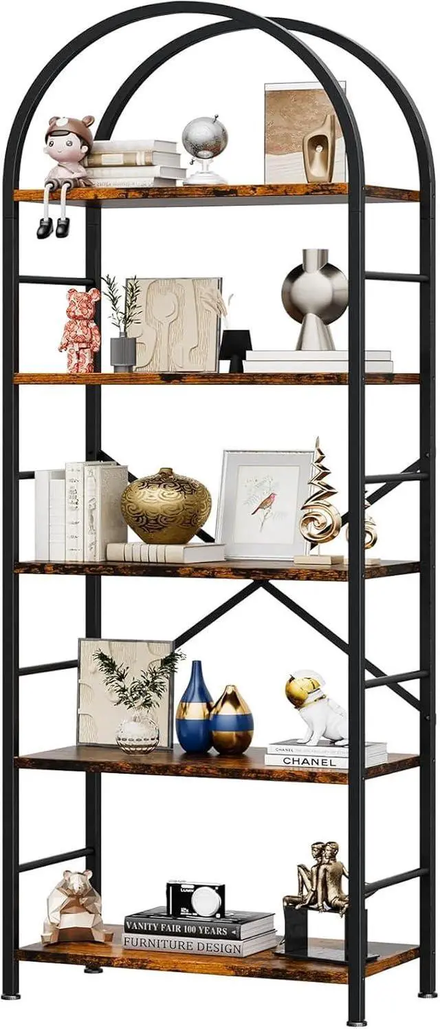 Main image of Wooden Bookcase Display Rack, 5 Tiers Bookshelf Arched with Metal Frame for Home Office, Living Room, Kitchen, Bedroom, Brown