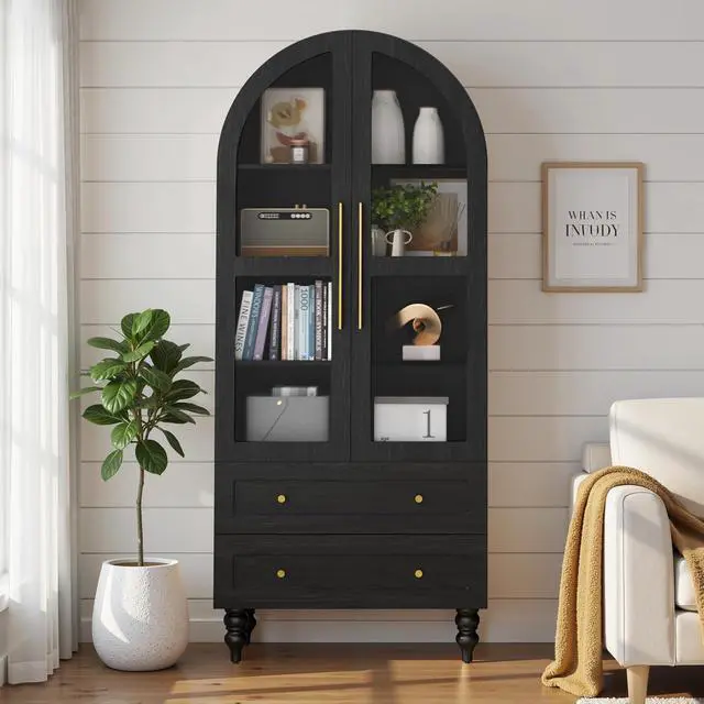 Alt view image 2 of 7 - 71" Tall Arched Kitchen Pantry Storage Cabinet with Glass Doors, 2 Large Drawers, 6-Tier Tall Rustic Wood Cupboard Locker for Kitchen, Dining Room, Living Room, Bathroom, (Black)