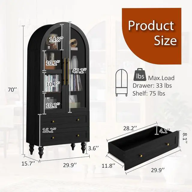 Alt view image 3 of 7 - 71" Tall Arched Kitchen Pantry Storage Cabinet with Glass Doors, 2 Large Drawers, 6-Tier Tall Rustic Wood Cupboard Locker for Kitchen, Dining Room, Living Room, Bathroom, (Black)
