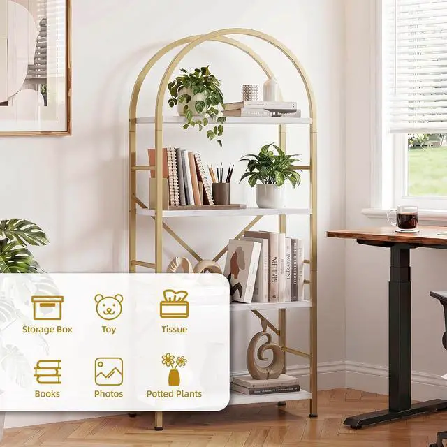 Alt view image 4 of 7 - Industrial Arched Bookshelf, 4 Tier Open Bookcase | Sturdy Wood and Metal Display Standing Shelf for Home Office, Living Room, Bedroom, White Gold