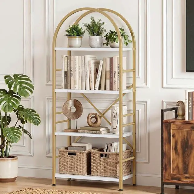 Main image of Industrial Arched Bookshelf, 4 Tier Open Bookcase | Sturdy Wood and Metal Display Standing Shelf for Home Office, Living Room, Bedroom, White Gold