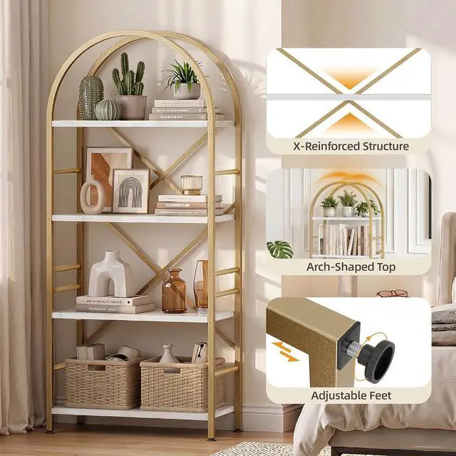 Alt view image 6 of 7 - Industrial Arched Bookshelf, 4 Tier Open Bookcase | Sturdy Wood and Metal Display Standing Shelf for Home Office, Living Room, Bedroom, White Gold