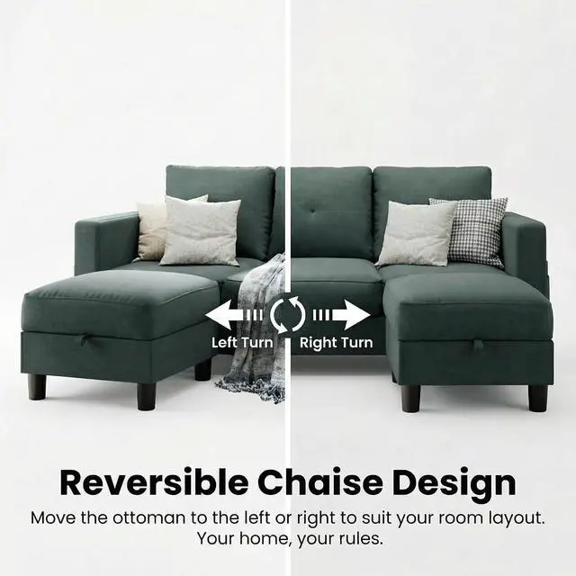 Alt view image 5 of 7 - Convertible L-Shaped Sectional Couches for Living Room, Space-Saving 3-Seat Couch for Small Apartments & Living Rooms, Linen Fabric, Dark Grey