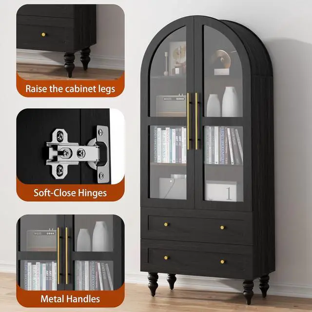 Alt view image 5 of 7 - 71" Tall Arched Kitchen Pantry Storage Cabinet with Glass Doors, 2 Large Drawers, 6-Tier Tall Rustic Wood Cupboard Locker for Kitchen, Dining Room, Living Room, Bathroom, (Black)