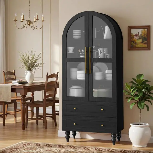 Alt view image 6 of 7 - 71" Tall Arched Kitchen Pantry Storage Cabinet with Glass Doors, 2 Large Drawers, 6-Tier Tall Rustic Wood Cupboard Locker for Kitchen, Dining Room, Living Room, Bathroom, (Black)