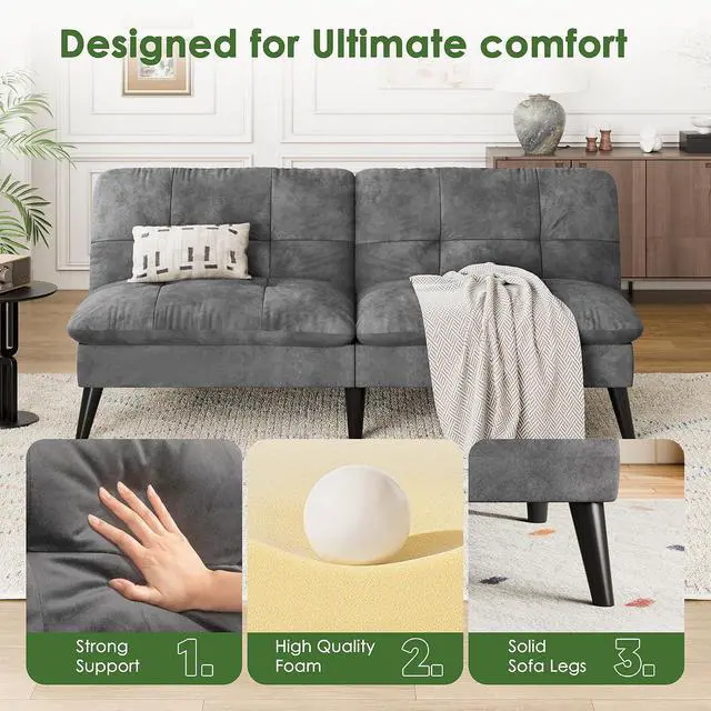 Alt view image 4 of 7 - Futon Sofa Bed Velvet Futon Couch with Adjustable Backrest, Small Convertible Folding Sleeper Sofa Bed, Modern Loveseat for Living Room, Bedroom and Small Space, (Gray)