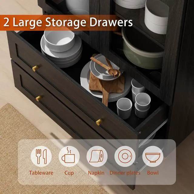 Alt view image 4 of 7 - 71" Tall Arched Kitchen Pantry Storage Cabinet with Glass Doors, 2 Large Drawers, 6-Tier Tall Rustic Wood Cupboard Locker for Kitchen, Dining Room, Living Room, Bathroom, (Black)