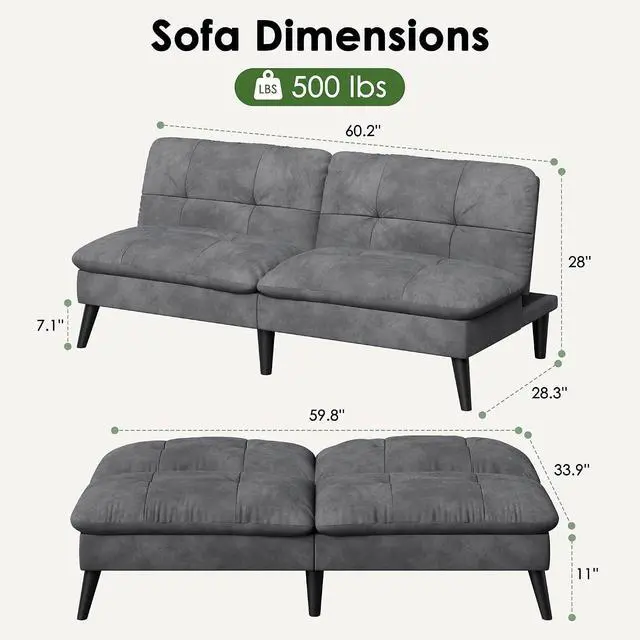Alt view image 2 of 7 - Futon Sofa Bed Velvet Futon Couch with Adjustable Backrest, Small Convertible Folding Sleeper Sofa Bed, Modern Loveseat for Living Room, Bedroom and Small Space, (Gray)