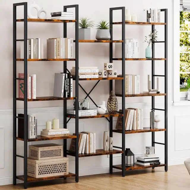Main image of Triple Book Shelf with 14 Open Display Shelves,Free Standing Bookcase for Home Office, Living Room, Bedroom, Brown