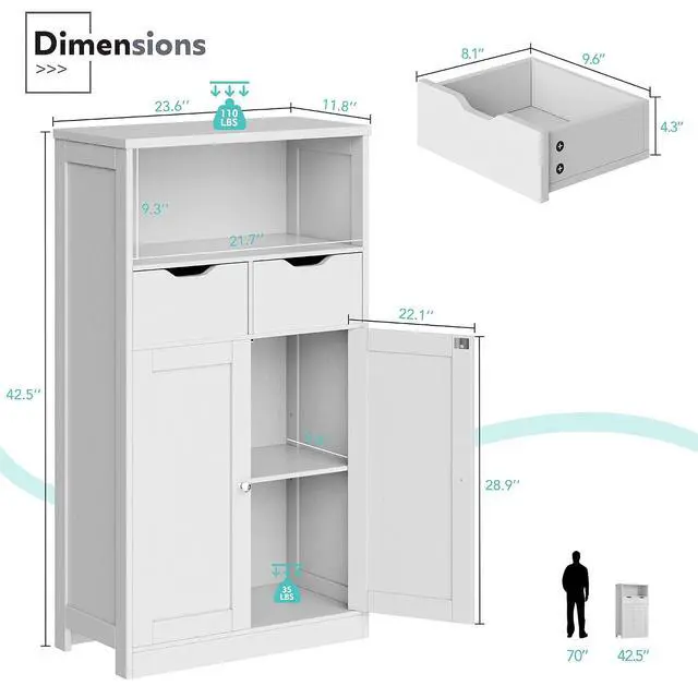 Alt view image 2 of 7 - Bathroom Storage Cabinet, Wooden Floor Storage Organizer with 2 Drawers and Adjustable Shelves, Freestanding Cabinet for Bathroom, Living Room, Kitchen, Entryway, Farmhouse, White