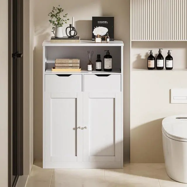 Alt view image 3 of 7 - Bathroom Storage Cabinet, Wooden Floor Storage Organizer with 2 Drawers and Adjustable Shelves, Freestanding Cabinet for Bathroom, Living Room, Kitchen, Entryway, Farmhouse, White