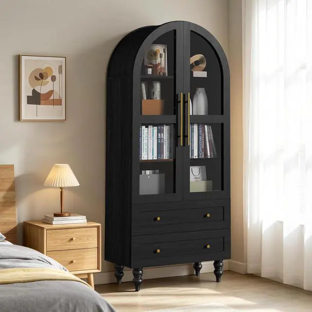 Alt view image 7 of 7 - 71" Tall Arched Kitchen Pantry Storage Cabinet with Glass Doors, 2 Large Drawers, 6-Tier Tall Rustic Wood Cupboard Locker for Kitchen, Dining Room, Living Room, Bathroom, (Black)