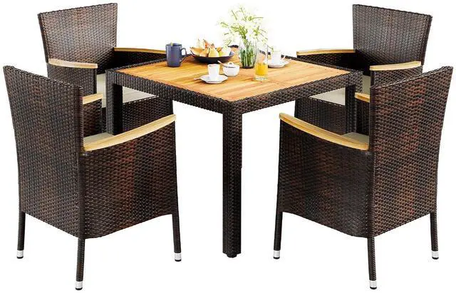 Main image of 5 Piece Small Patio Dining Set, Space-Saving Outdoor Wicker Furniture Conversation Set with Wood Table and Cushioned Rattan Chairs for Lawn, Garden, and Backyard (Brown)