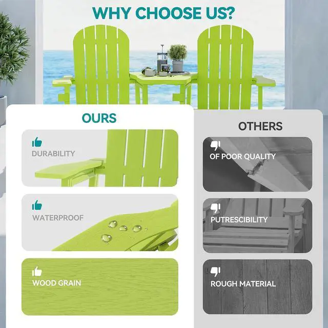 Alt view image 7 of 7 - Adirondack Chairs Set of 2 with Removable Tabletop and Footrest, HDPE Plastic Outdoor Chair Set with Wooden Textured, Cup Holder for Patio, Poolside, Garden, Green, 5 Pieces